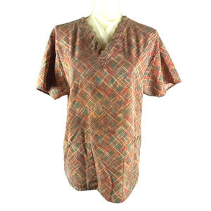 Crest Women's Scrub Top Size Medium Cotton Gray Red Older